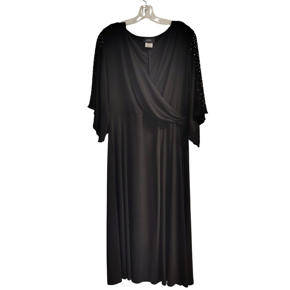 MSK Women's‎ XL Black Surplice-Neck Rhinestone Sleeve Dress